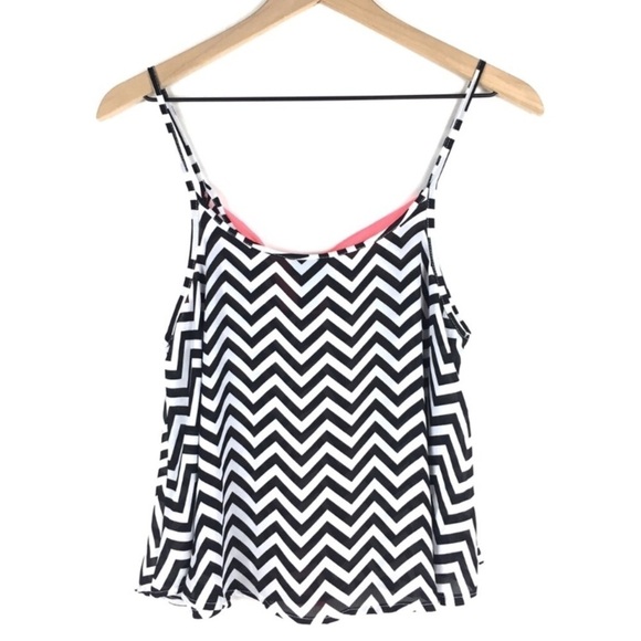 RUE21 Crop Top Cami Neon Bow Chevron Spaghetti Strap Pink Black White Y2K Medium - Picture 3 of 6